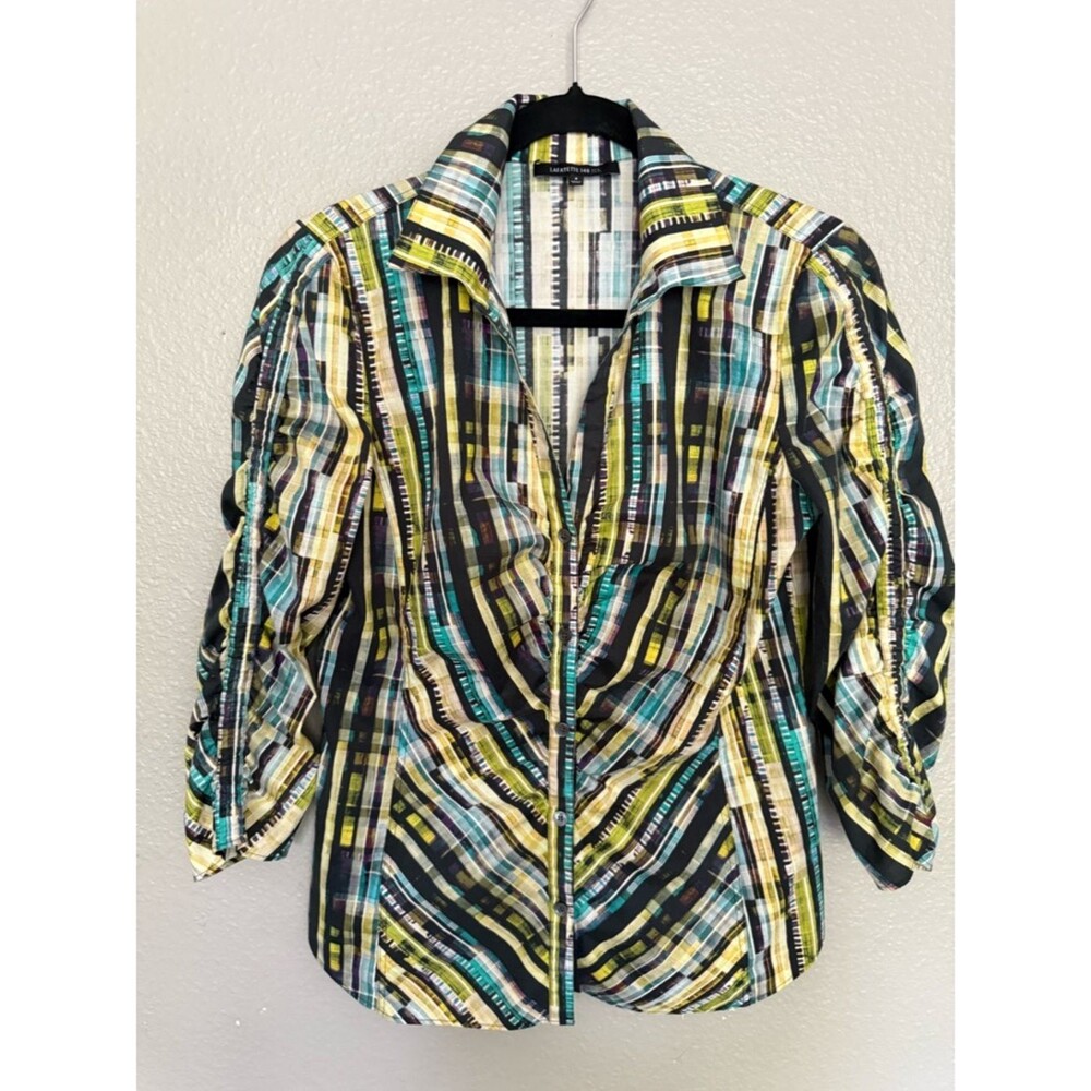 Lafayette 148 New York Abstract Stripe Ruched Sleeve Cotton Stretch Shirt 4 S
